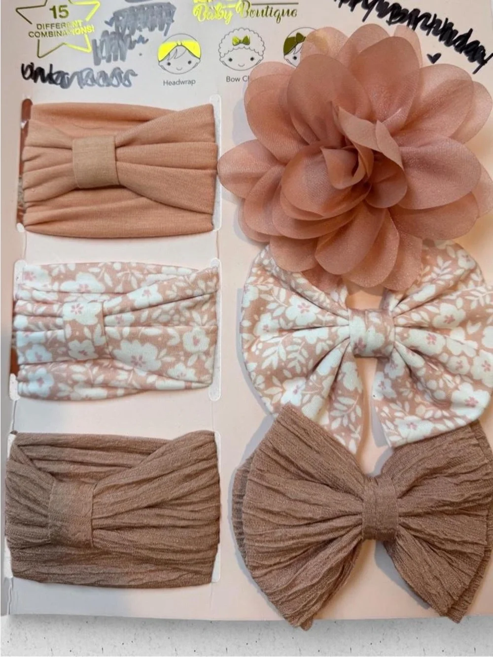 Bebe Baby Boutique Girls 6-Pack Tan Floral & Solid Headwrap and Bow Set